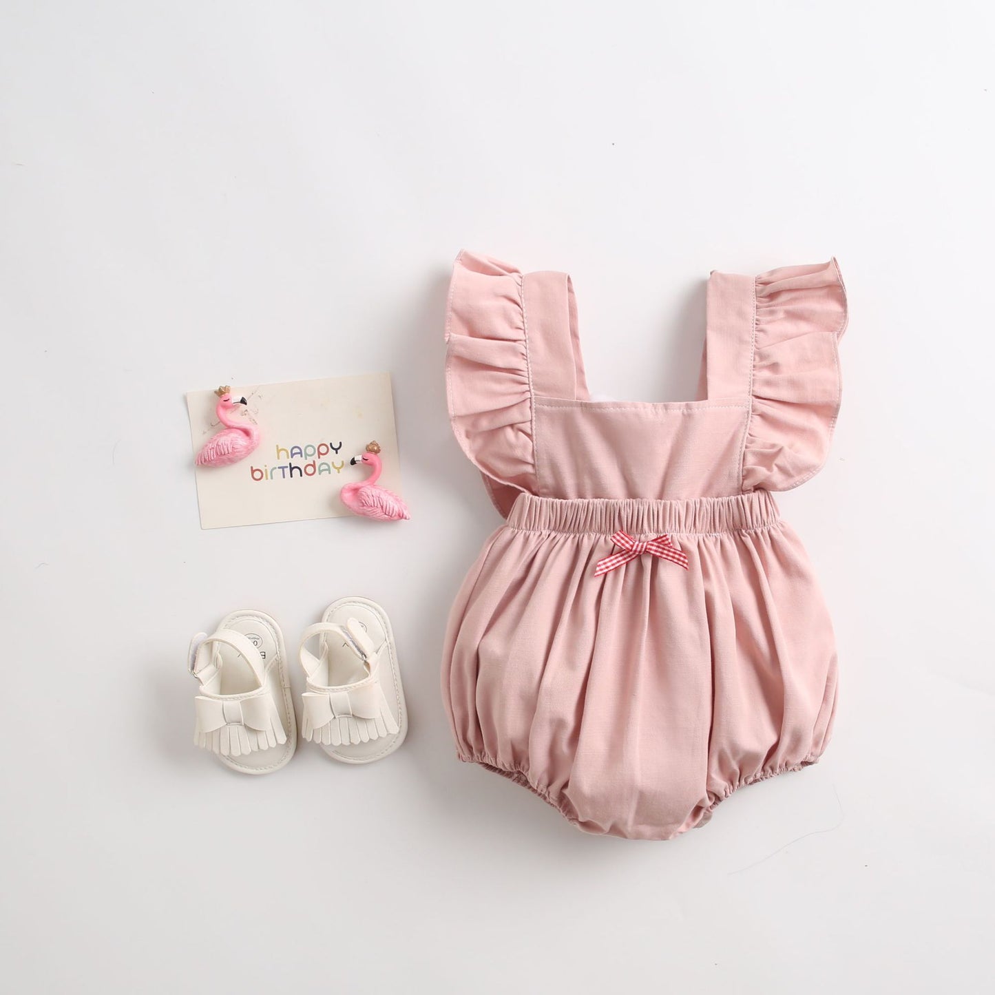 Baby Girl Solid Ruffle Flutter-Sleeve Bubble Romper with Gingham Bow