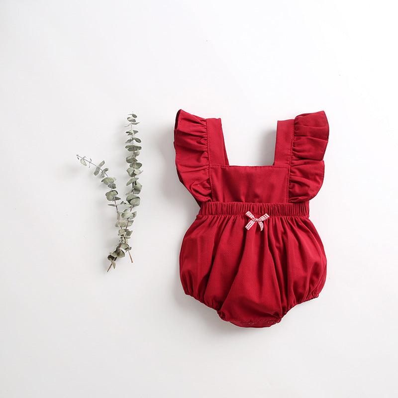 Baby Girl Solid Ruffle Flutter-Sleeve Bubble Romper with Gingham Bow