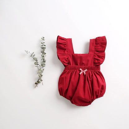 Baby Girl Solid Ruffle Flutter-Sleeve Bubble Romper with Gingham Bow