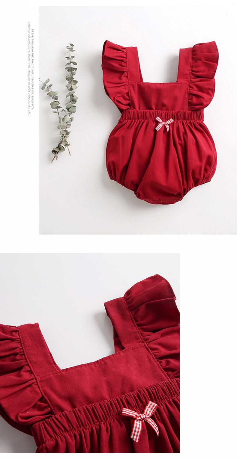 Baby Girl Solid Ruffle Flutter-Sleeve Bubble Romper with Gingham Bow