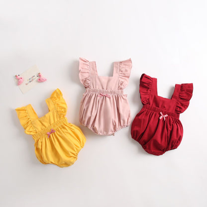 Baby Girl Solid Ruffle Flutter-Sleeve Bubble Romper with Gingham Bow