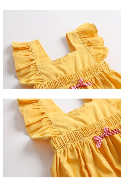 Baby Girl Solid Ruffle Flutter-Sleeve Bubble Romper with Gingham Bow