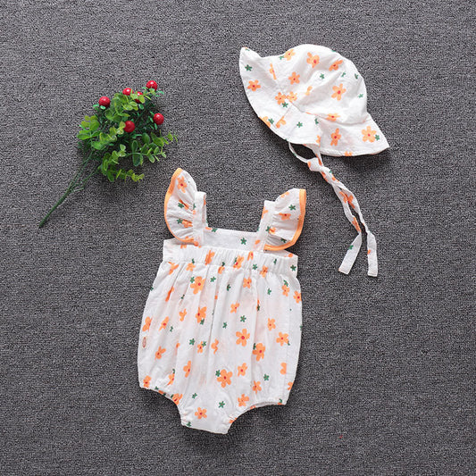 Baby Girl Orange Daisy Print Flutter-Sleeve Romper & Matching Sun Hat Set