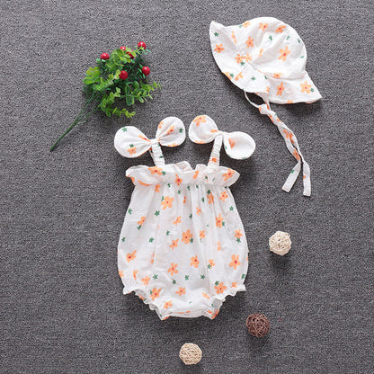 Baby Girl Orange Daisy Print Flutter-Sleeve Romper & Matching Sun Hat Set