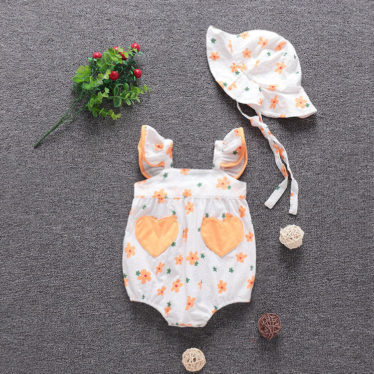 Baby Girl Orange Daisy Print Flutter-Sleeve Romper & Matching Sun Hat Set