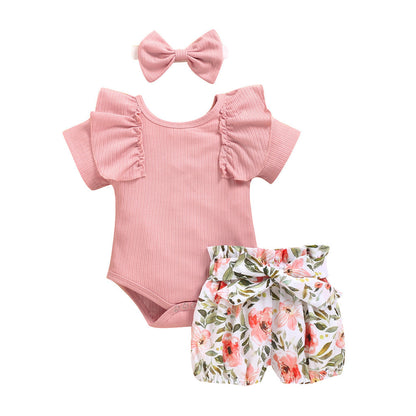 Baby Girl Ribbed Flutter-Sleeve Romper & Printed Bloomer Shorts Set with Headband