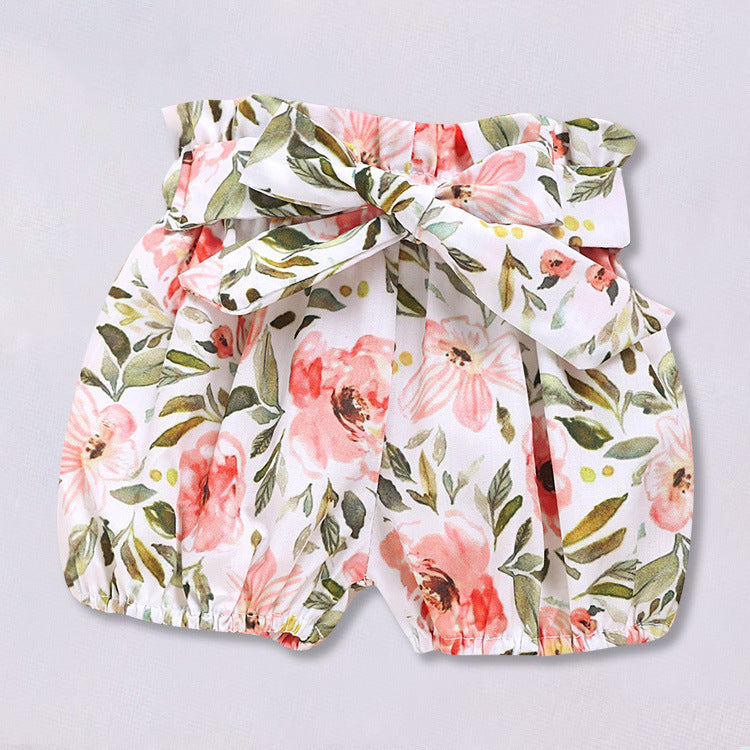 Baby Girl Ribbed Flutter-Sleeve Romper & Printed Bloomer Shorts Set with Headband