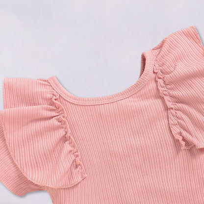 Baby Girl Ribbed Flutter-Sleeve Romper & Printed Bloomer Shorts Set with Headband