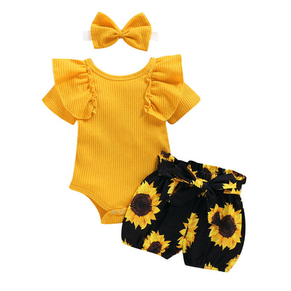 Baby Girl Ribbed Flutter-Sleeve Romper & Printed Bloomer Shorts Set with Headband