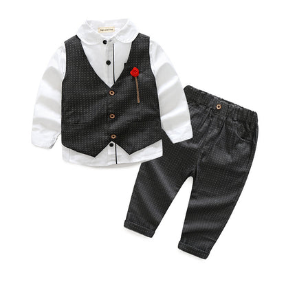 Boys' 3-Piece Dress Shirt, Polka Dot Waistcoat & Trouser Set | Rose Brooch Occasion Suit for Kids