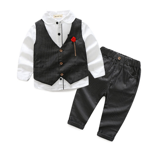 Boys' 3-Piece Dress Shirt, Polka Dot Waistcoat & Trouser Set | Rose Brooch Occasion Suit for Kids