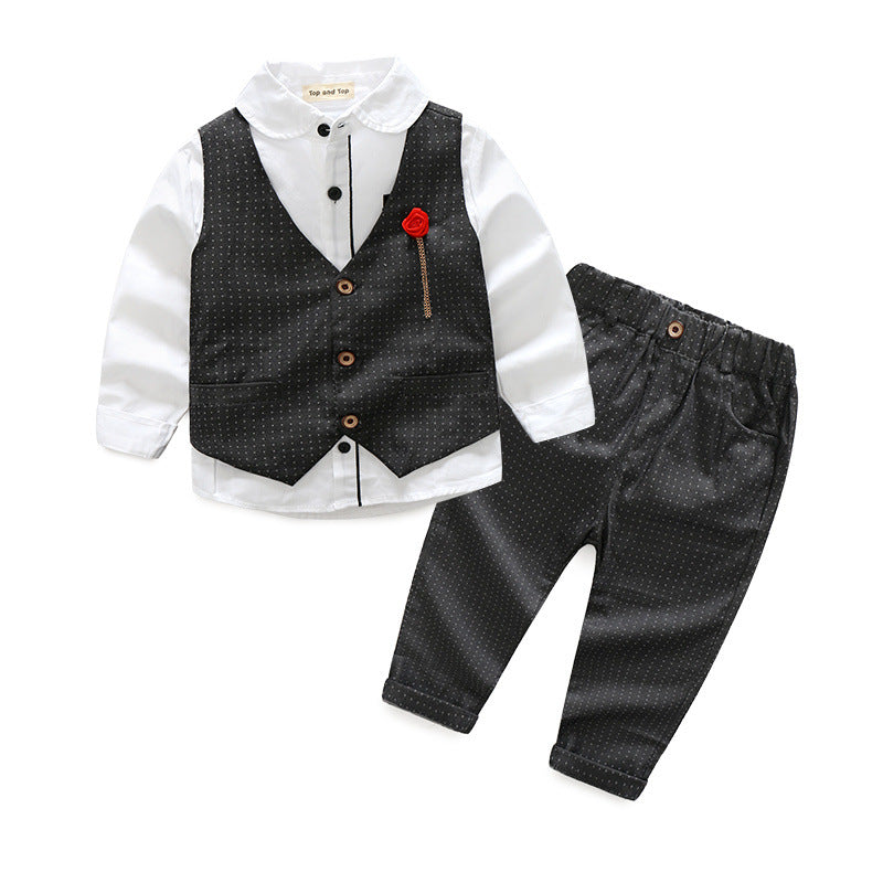 Boys' 3-Piece Dress Shirt, Polka Dot Waistcoat & Trouser Set | Rose Brooch Occasion Suit for Kids