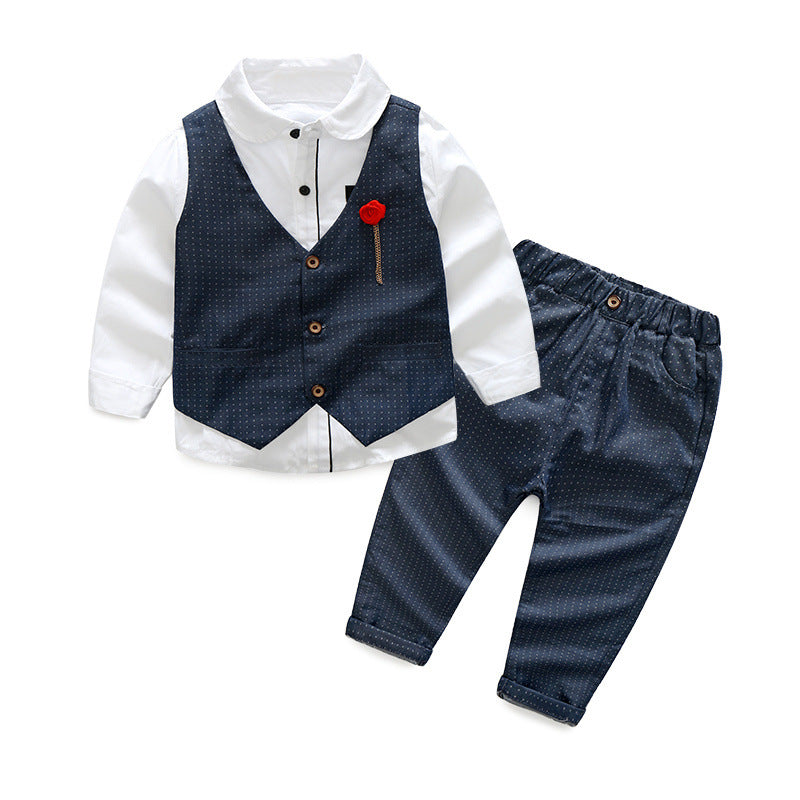 Boys' 3-Piece Dress Shirt, Polka Dot Waistcoat & Trouser Set | Rose Brooch Occasion Suit for Kids