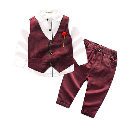 Boys' 3-Piece Dress Shirt, Polka Dot Waistcoat & Trouser Set | Rose Brooch Occasion Suit for Kids