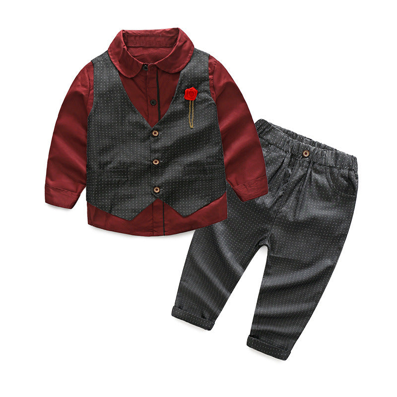 Boys' 3-Piece Dress Shirt, Polka Dot Waistcoat & Trouser Set | Rose Brooch Occasion Suit for Kids