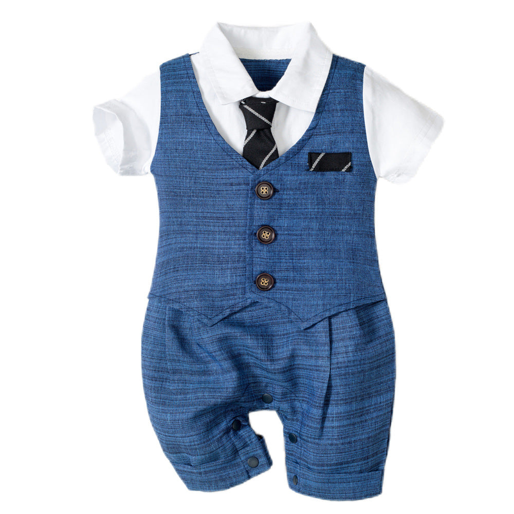 Baby Boy's Gentleman Romper with Vest & Tie | One-Piece Short-Sleeve Dress Suit Bodysuit