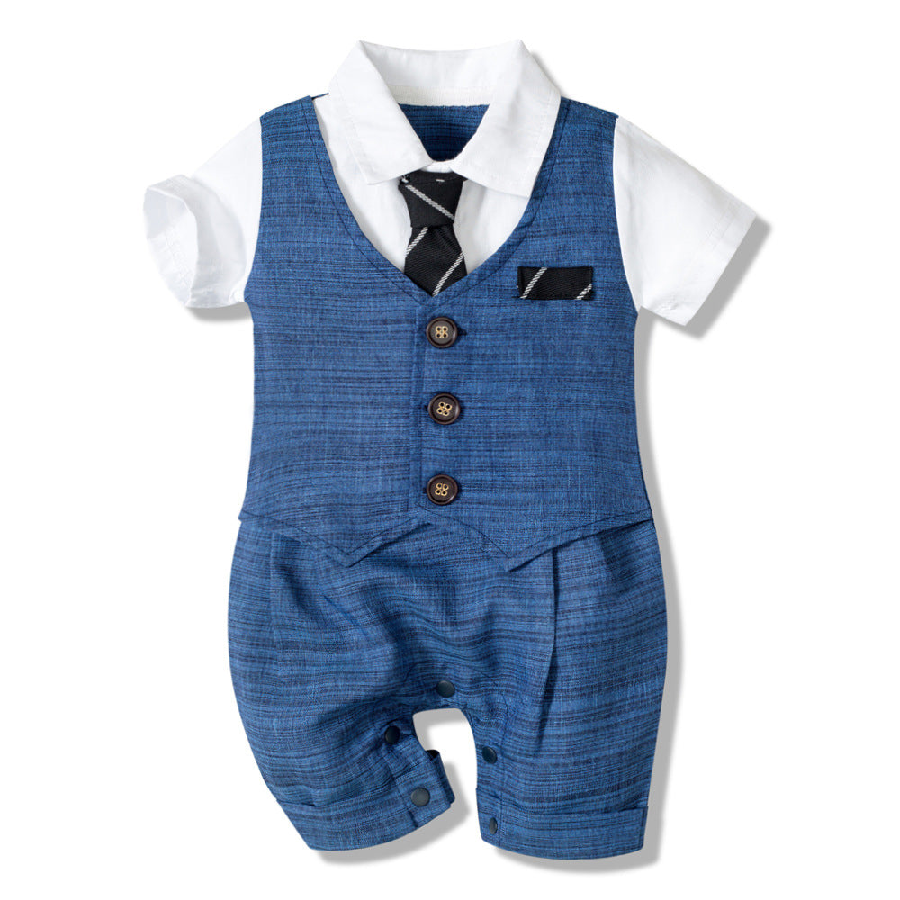 Baby Boy's Gentleman Romper with Vest & Tie | One-Piece Short-Sleeve Dress Suit Bodysuit