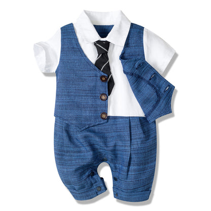 Baby Boy's Gentleman Romper with Vest & Tie | One-Piece Short-Sleeve Dress Suit Bodysuit