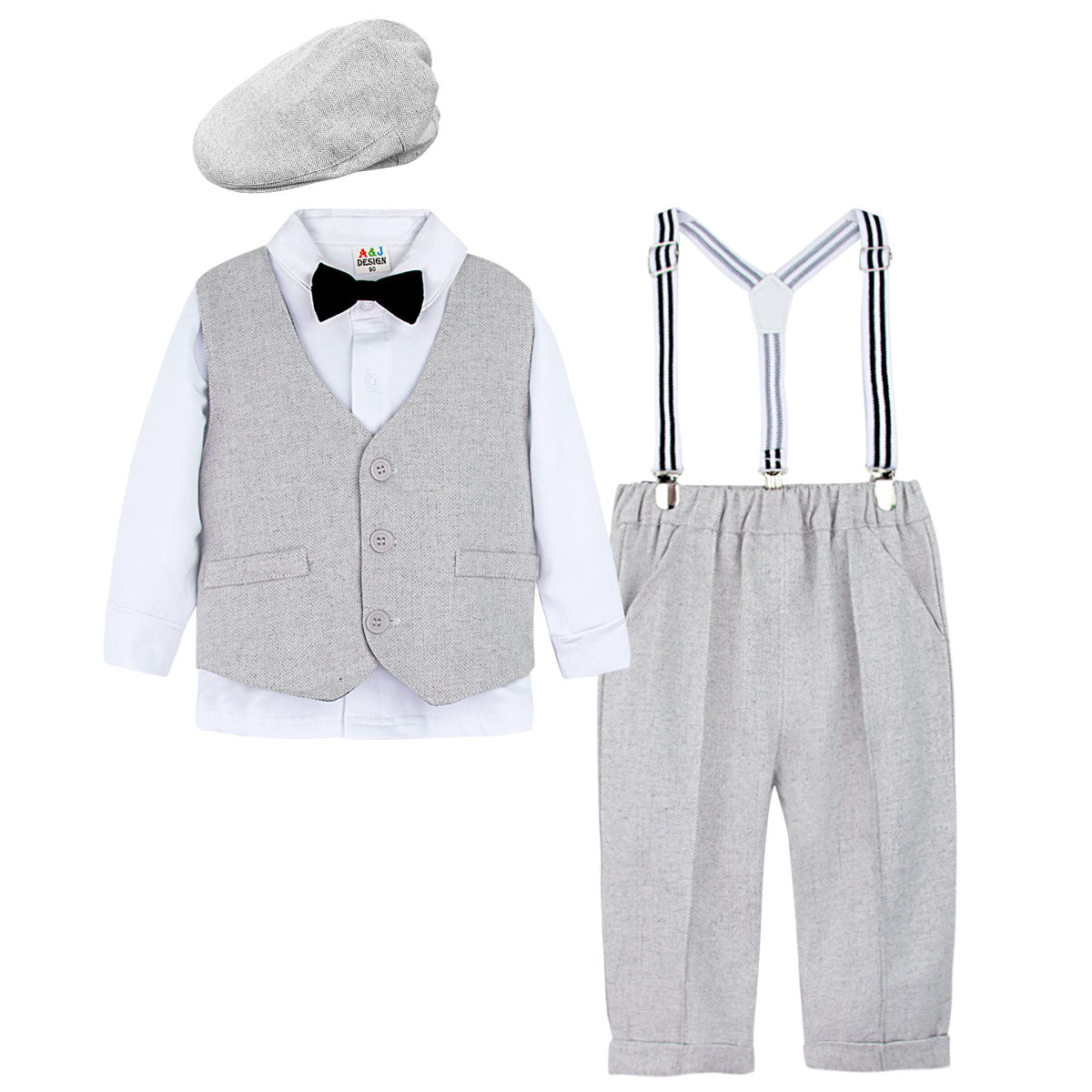 Toddler Boys' Herringbone Vest, Long Sleeve Shirt & Suspender Trousers Gentleman Set with Newsboy Cap – Sizes 18 Months–4 Years