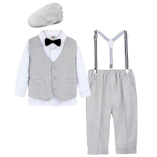 Toddler Boys' Herringbone Vest, Long Sleeve Shirt & Suspender Trousers Gentleman Set with Newsboy Cap – Sizes 18 Months–4 Years