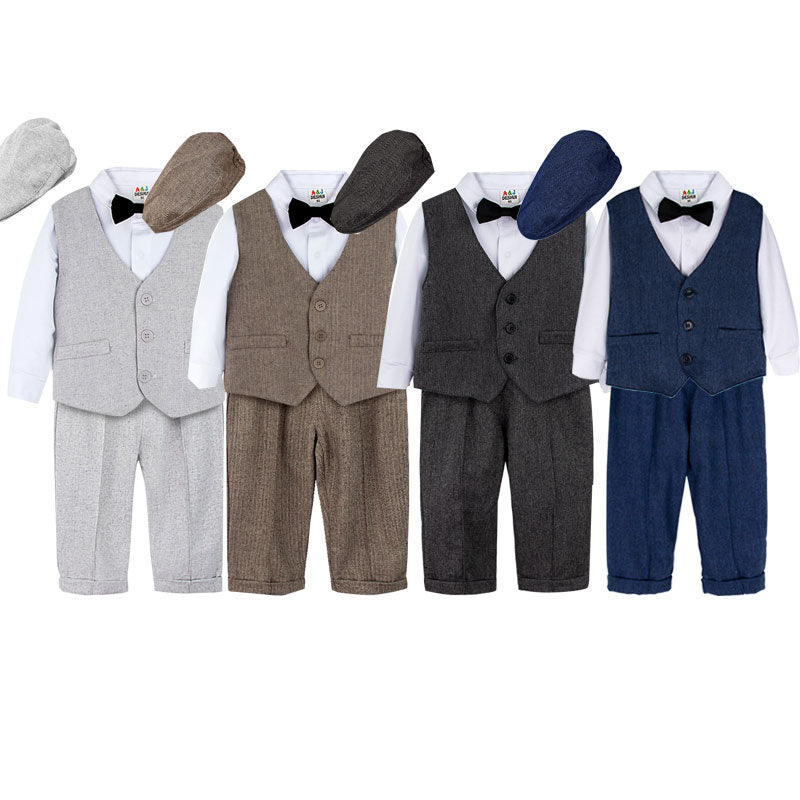 Toddler Boys' Herringbone Vest, Long Sleeve Shirt & Suspender Trousers Gentleman Set with Newsboy Cap – Sizes 18 Months–4 Years