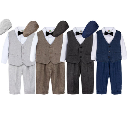 Toddler Boys' Herringbone Vest, Long Sleeve Shirt & Suspender Trousers Gentleman Set with Newsboy Cap – Sizes 18 Months–4 Years