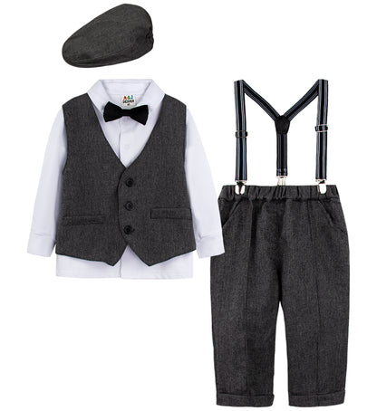 Toddler Boys' Herringbone Vest, Long Sleeve Shirt & Suspender Trousers Gentleman Set with Newsboy Cap – Sizes 18 Months–4 Years