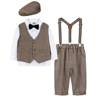 Toddler Boys' Herringbone Vest, Long Sleeve Shirt & Suspender Trousers Gentleman Set with Newsboy Cap – Sizes 18 Months–4 Years