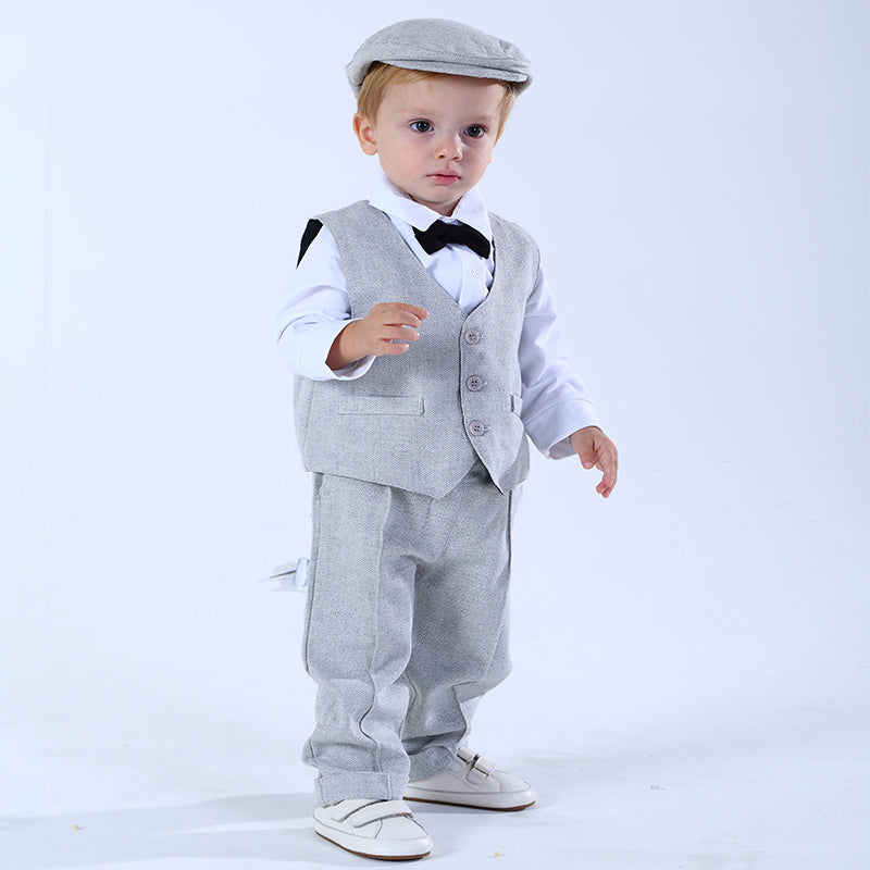 Toddler Boys' Herringbone Vest, Long Sleeve Shirt & Suspender Trousers Gentleman Set with Newsboy Cap – Sizes 18 Months–4 Years