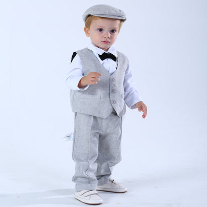 Toddler Boys' Herringbone Vest, Long Sleeve Shirt & Suspender Trousers Gentleman Set with Newsboy Cap – Sizes 18 Months–4 Years