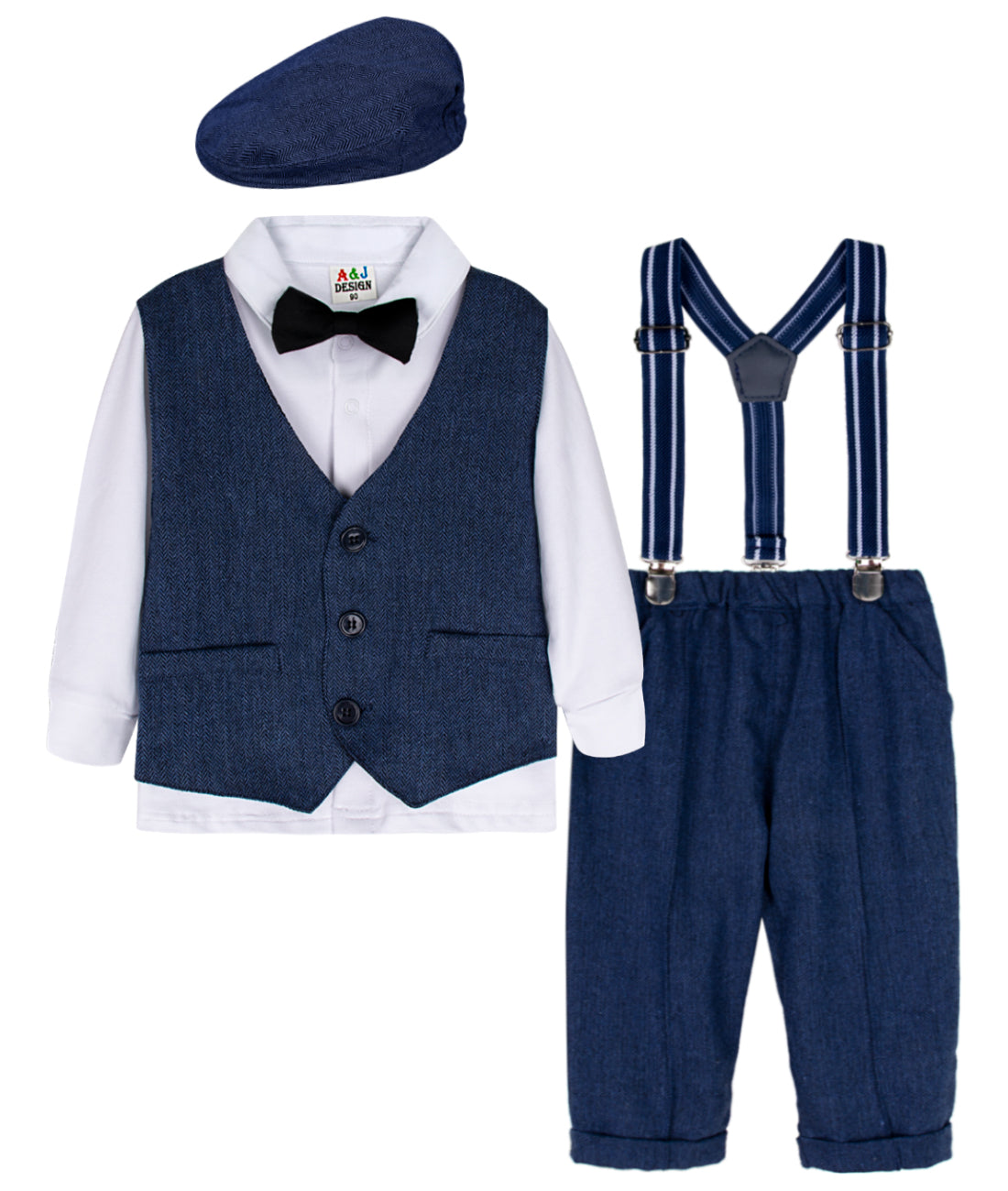 Toddler Boys' Herringbone Vest, Long Sleeve Shirt & Suspender Trousers Gentleman Set with Newsboy Cap – Sizes 18 Months–4 Years