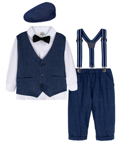 Toddler Boys' Herringbone Vest, Long Sleeve Shirt & Suspender Trousers Gentleman Set with Newsboy Cap – Sizes 18 Months–4 Years