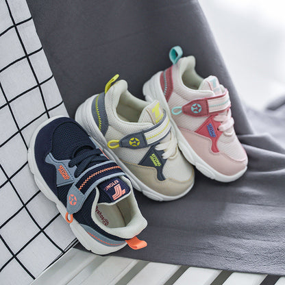Color-Block Mesh Toddler Sneakers with Velcro Strap | Breathable Athletic Shoes in Navy, Beige & Pink