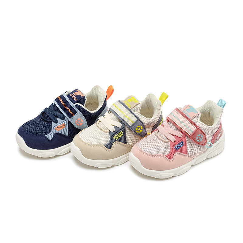 Color-Block Mesh Toddler Sneakers with Velcro Strap | Breathable Athletic Shoes in Navy, Beige & Pink