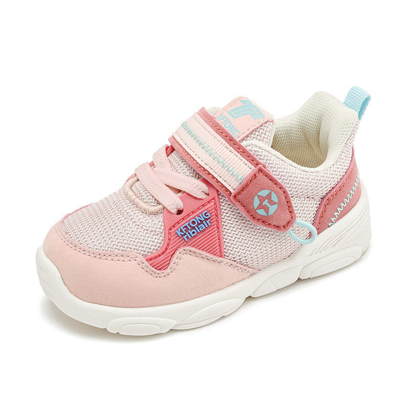 Color-Block Mesh Toddler Sneakers with Velcro Strap | Breathable Athletic Shoes in Navy, Beige & Pink
