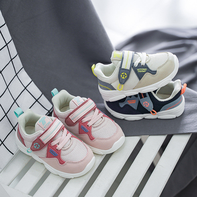 Color-Block Mesh Toddler Sneakers with Velcro Strap | Breathable Athletic Shoes in Navy, Beige & Pink