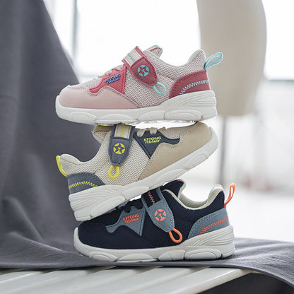 Color-Block Mesh Toddler Sneakers with Velcro Strap | Breathable Athletic Shoes in Navy, Beige & Pink