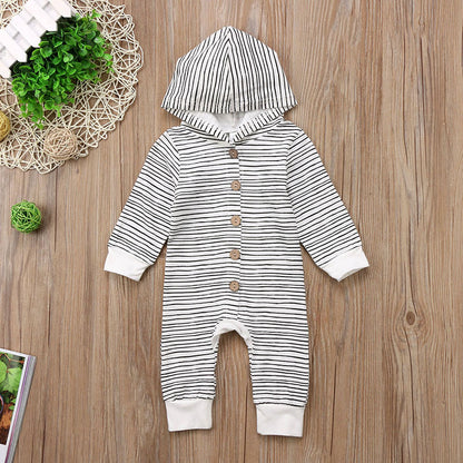 Baby Striped Hooded Romper with Button-Front & Long Sleeves