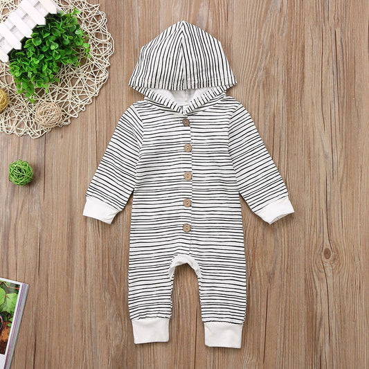 Baby Striped Hooded Romper with Button-Front & Long Sleeves