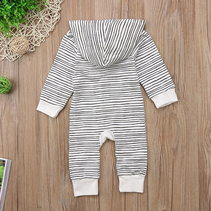 Baby Striped Hooded Romper with Button-Front & Long Sleeves