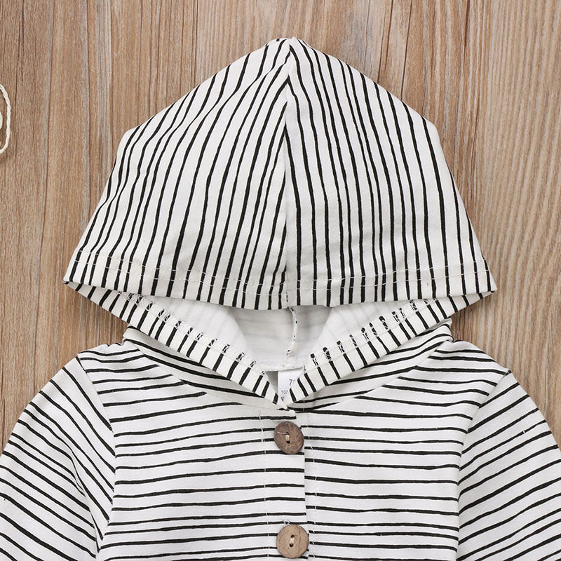 Baby Striped Hooded Romper with Button-Front & Long Sleeves