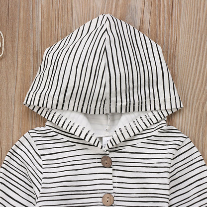 Baby Striped Hooded Romper with Button-Front & Long Sleeves