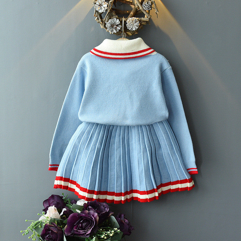 Girls' Sailor-Collar Knit Sweater & Pleated Skirt Set — Sky Blue with Red Stripe Trim