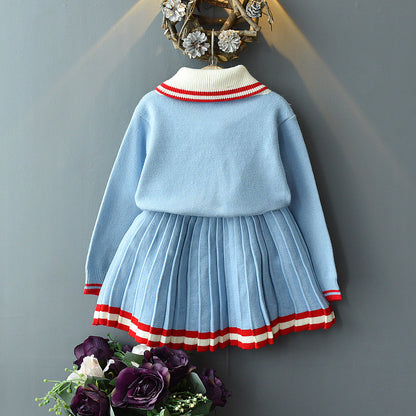 Girls' Sailor-Collar Knit Sweater & Pleated Skirt Set — Sky Blue with Red Stripe Trim