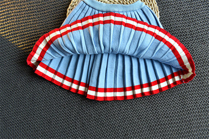 Girls' Sailor-Collar Knit Sweater & Pleated Skirt Set — Sky Blue with Red Stripe Trim