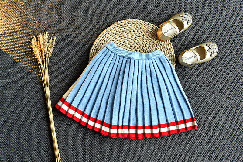 Girls' Sailor-Collar Knit Sweater & Pleated Skirt Set — Sky Blue with Red Stripe Trim
