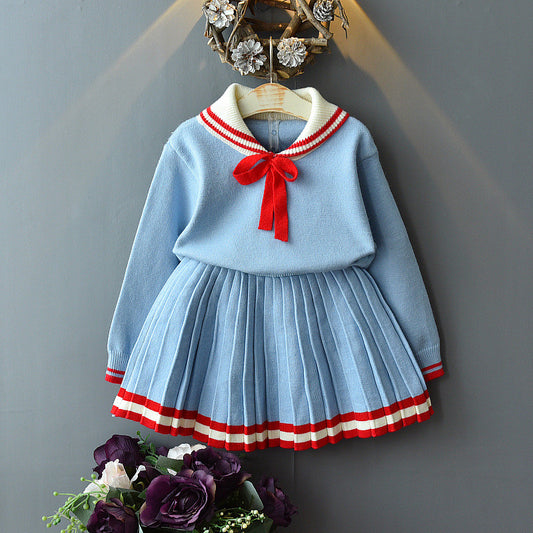Girls' Sailor-Collar Knit Sweater & Pleated Skirt Set — Sky Blue with Red Stripe Trim