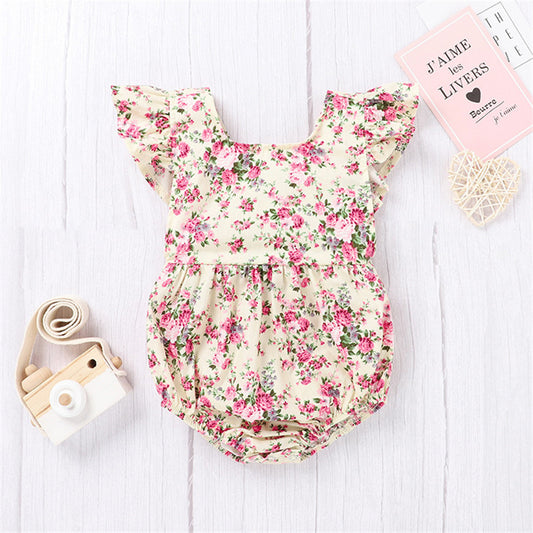 Baby Girl Vintage Rose Floral Flutter-Sleeve Bubble Romper – Open Back Bow, Sizes Newborn–3 Years