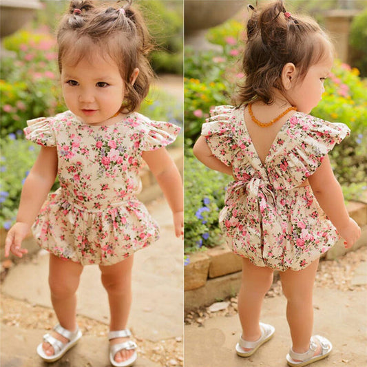 Baby Girl Vintage Rose Floral Flutter-Sleeve Bubble Romper – Open Back Bow, Sizes Newborn–3 Years