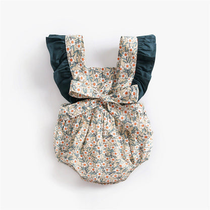 Baby Girl Vintage Floral Print Romper with Teal Ruffle Flutter Sleeves
